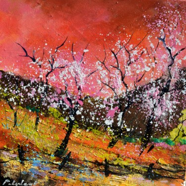 Painting titled "Blooming orchard" by Pol Ledent, Original Artwork, Oil Mounted on Wood Stretcher frame