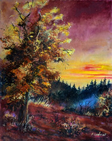 Painting titled "An oak in autumn" by Pol Ledent, Original Artwork, Oil Mounted on Wood Stretcher frame