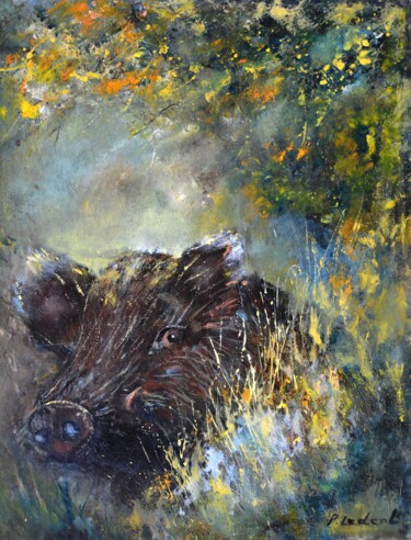 Painting titled "Wild boar" by Pol Ledent, Original Artwork, Oil Mounted on Wood Stretcher frame