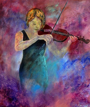 Painting titled "Violinist" by Pol Ledent, Original Artwork, Oil Mounted on Wood Stretcher frame