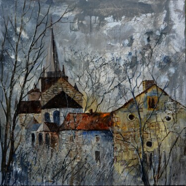 Painting titled "Old medieval church" by Pol Ledent, Original Artwork, Oil Mounted on Wood Stretcher frame