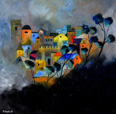 Painting titled "Buildings" by Pol Ledent, Original Artwork, Oil Mounted on Wood Stretcher frame