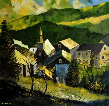 Painting titled "A village in my cou…" by Pol Ledent, Original Artwork, Oil Mounted on Wood Stretcher frame