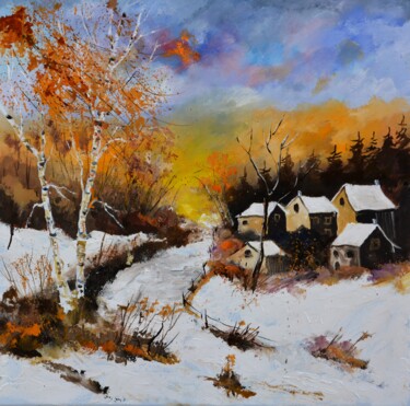 Painting titled "Village in the snow" by Pol Ledent, Original Artwork, Oil Mounted on Wood Stretcher frame