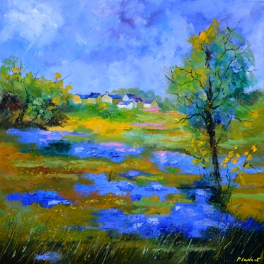 Painting titled "Landscape with blu…" by Pol Ledent, Original Artwork, Oil Mounted on Wood Stretcher frame
