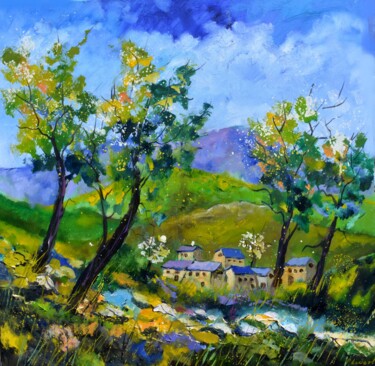 Painting titled "Village au printemps" by Pol Ledent, Original Artwork, Oil Mounted on Wood Stretcher frame