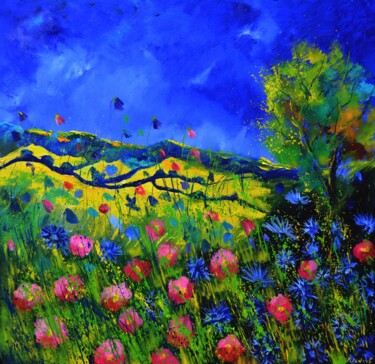 Painting titled "Pink wild flowers 88" by Pol Ledent, Original Artwork, Oil Mounted on Wood Stretcher frame