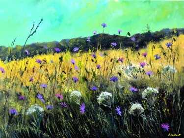 Painting titled "Wild purple cornflo…" by Pol Ledent, Original Artwork, Oil Mounted on Wood Stretcher frame