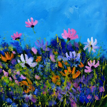 Painting titled "Cosmos flowers" by Pol Ledent, Original Artwork, Oil Mounted on Wood Stretcher frame