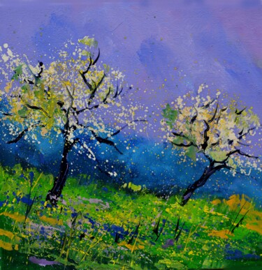 Pittura intitolato "Two trees in spring" da Pol Ledent, Opera d'arte originale, Olio Montato su Telaio per barella in legno