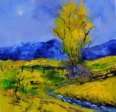 Painting titled "A yellow tree" by Pol Ledent, Original Artwork, Oil Mounted on Wood Stretcher frame