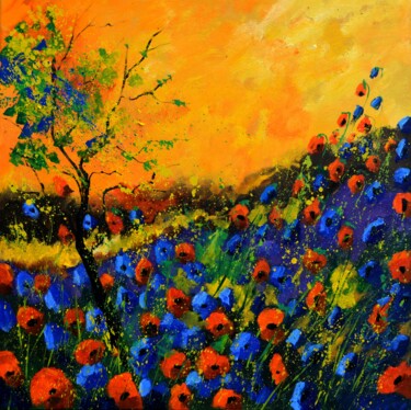 Painting titled "Red and blue poppies" by Pol Ledent, Original Artwork, Oil Mounted on Wood Stretcher frame