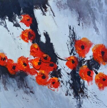 Painting titled "Flying red poppies" by Pol Ledent, Original Artwork, Oil Mounted on Wood Stretcher frame