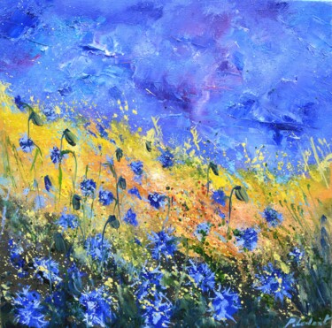 Painting titled "Blue cornflowers -…" by Pol Ledent, Original Artwork, Oil Mounted on Wood Stretcher frame