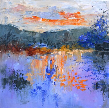 Painting titled "Blue lake" by Pol Ledent, Original Artwork, Oil Mounted on Wood Stretcher frame