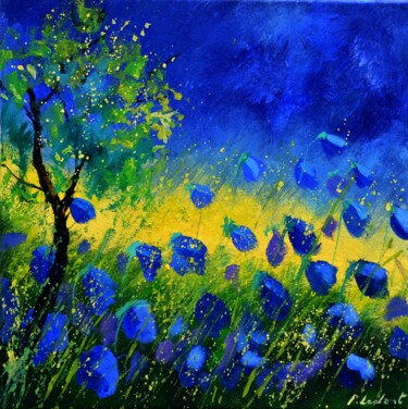 Painting titled "Blue poppies" by Pol Ledent, Original Artwork, Oil Mounted on Wood Stretcher frame