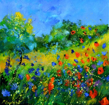 Painting titled "Poppies and cornflo…" by Pol Ledent, Original Artwork, Oil Mounted on Wood Stretcher frame