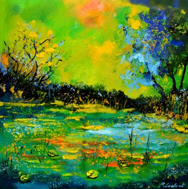 Painting titled "Green pond" by Pol Ledent, Original Artwork, Oil Mounted on Wood Stretcher frame