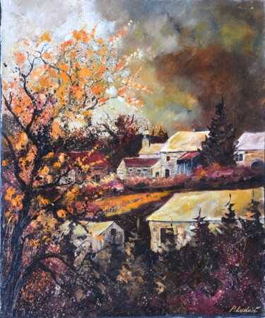 Peinture intitulée "Autumn in my villag…" par Pol Ledent, Œuvre d'art originale, Huile Monté sur Châssis en bois