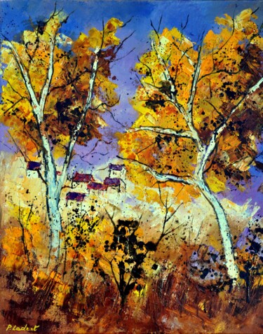 Painting titled "Two trees in autumn" by Pol Ledent, Original Artwork, Oil Mounted on Wood Stretcher frame