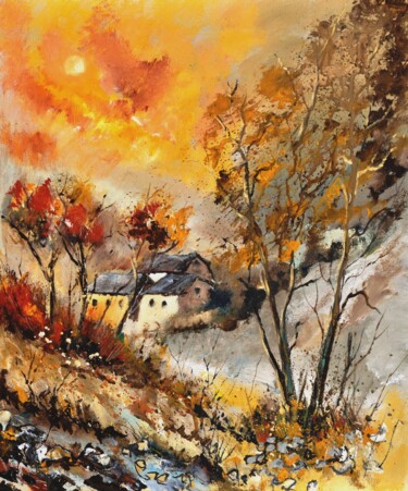 Painting titled "Moonshine in autumn" by Pol Ledent, Original Artwork, Oil Mounted on Wood Stretcher frame