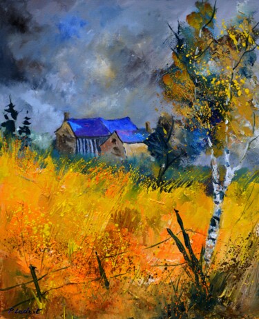 Painting titled "Old barn in summer" by Pol Ledent, Original Artwork, Oil Mounted on Wood Stretcher frame
