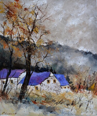 Painting titled "A few remote houses…" by Pol Ledent, Original Artwork, Oil Mounted on Wood Stretcher frame