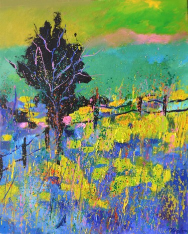 Painting titled "Yellow flowers field" by Pol Ledent, Original Artwork, Oil Mounted on Wood Stretcher frame