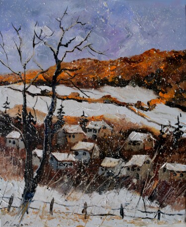 Malerei mit dem Titel "Village in winter -…" von Pol Ledent, Original-Kunstwerk, Öl Auf Keilrahmen aus Holz montiert