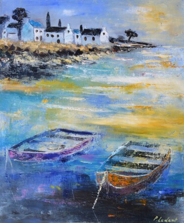 Painting titled "Two boats" by Pol Ledent, Original Artwork, Oil Mounted on Wood Stretcher frame
