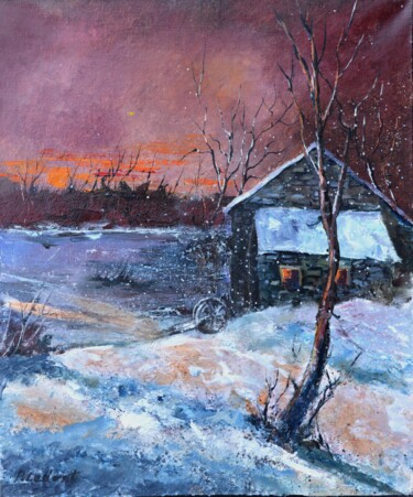 Painting titled "Cosy in winter" by Pol Ledent, Original Artwork, Oil Mounted on Wood Stretcher frame