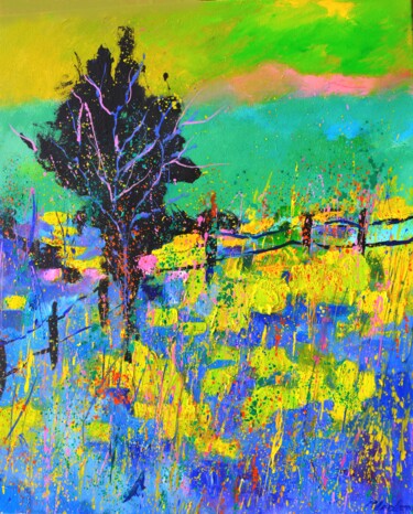 Schilderij getiteld "Colourful orchard" door Pol Ledent, Origineel Kunstwerk, Olie Gemonteerd op Frame voor houten brancard