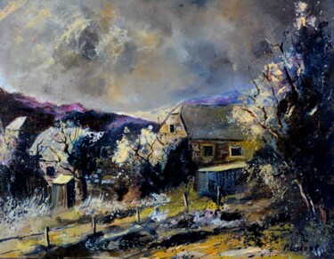 Painting titled "A mysterious village" by Pol Ledent, Original Artwork, Oil Mounted on Wood Stretcher frame