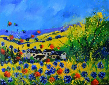 Painting titled "Red and blue poppie…" by Pol Ledent, Original Artwork, Oil Mounted on Wood Stretcher frame