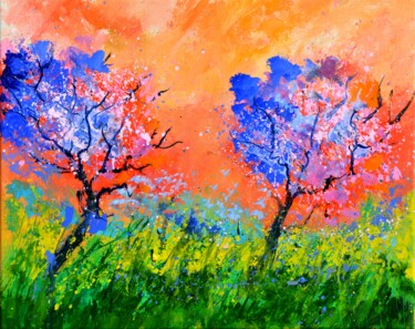 Painting titled "Two trees 5485" by Pol Ledent, Original Artwork, Oil Mounted on Wood Stretcher frame