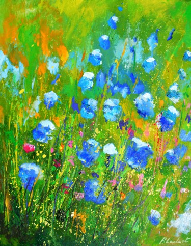 Painting titled "Blue wild flowers 4…" by Pol Ledent, Original Artwork, Oil Mounted on Wood Stretcher frame