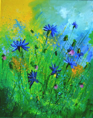 Painting titled "Blue cornflowers 45…" by Pol Ledent, Original Artwork, Oil Mounted on Wood Stretcher frame