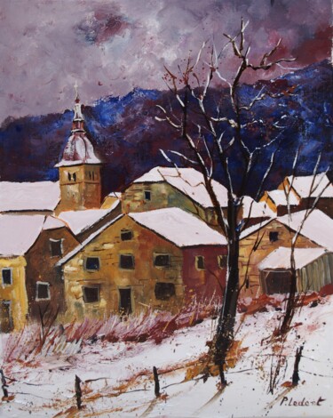 Painting titled "My willage in winter" by Pol Ledent, Original Artwork, Oil Mounted on Wood Stretcher frame