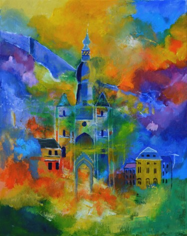 Painting titled "Magic town" by Pol Ledent, Original Artwork, Oil Mounted on Wood Stretcher frame