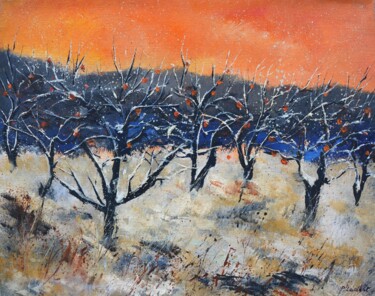 Painting titled "Appletrees in winter" by Pol Ledent, Original Artwork, Oil Mounted on Wood Stretcher frame