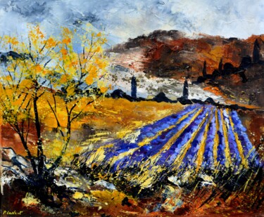 Painting titled "Lavender field in P…" by Pol Ledent, Original Artwork, Oil Mounted on Wood Stretcher frame