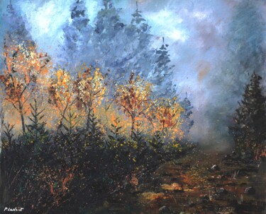 Peinture intitulée "Misty path" par Pol Ledent, Œuvre d'art originale, Huile Monté sur Châssis en bois