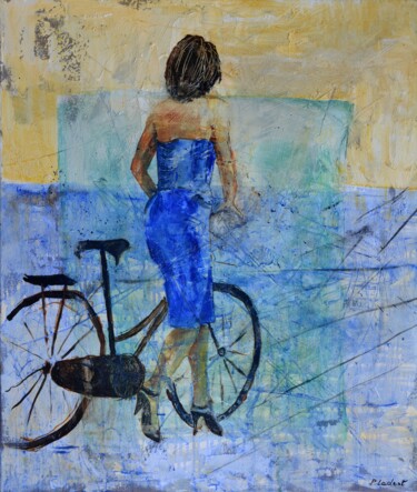 Painting titled "with the bike" by Pol Ledent, Original Artwork, Oil Mounted on Wood Stretcher frame