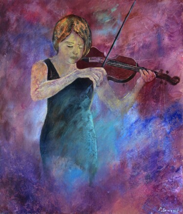 Painting titled "Violinist 67" by Pol Ledent, Original Artwork, Oil Mounted on Wood Stretcher frame