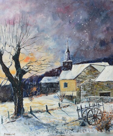Malerei mit dem Titel "A village in winter" von Pol Ledent, Original-Kunstwerk, Öl Auf Keilrahmen aus Holz montiert