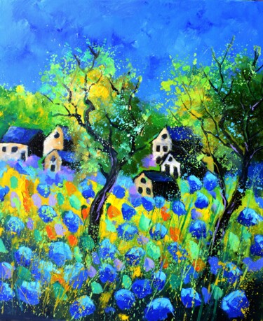 Painting titled "Amid the flowers" by Pol Ledent, Original Artwork, Oil Mounted on Wood Stretcher frame