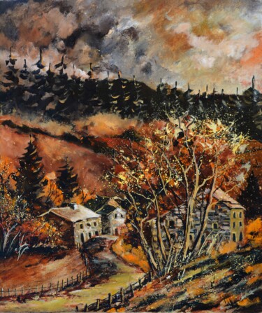 Painting titled "A village in autumn" by Pol Ledent, Original Artwork, Oil Mounted on Wood Stretcher frame