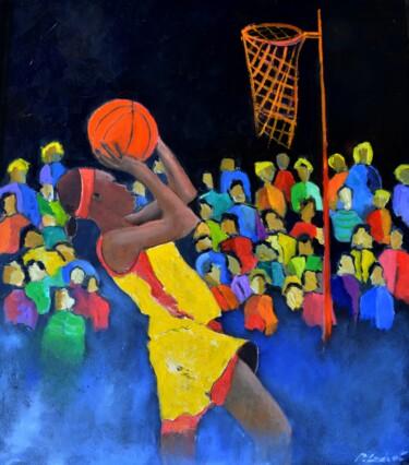 Painting titled "Playing basketball" by Pol Ledent, Original Artwork, Oil Mounted on Wood Stretcher frame