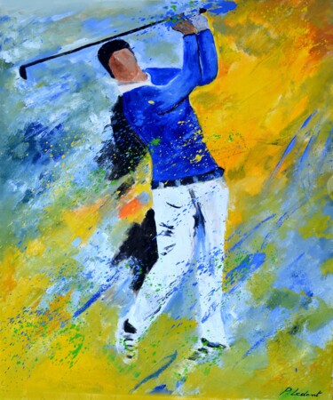 Painting titled "Golf player" by Pol Ledent, Original Artwork, Oil Mounted on Wood Stretcher frame