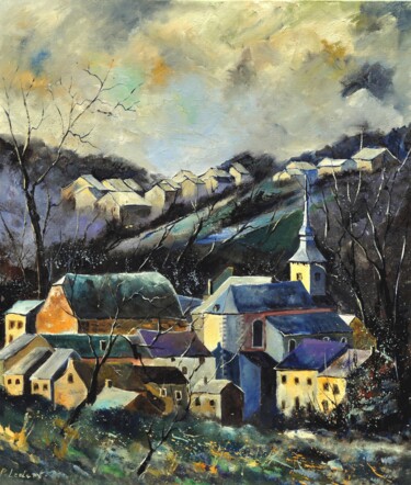 Painting titled "Old village Laneffe…" by Pol Ledent, Original Artwork, Oil Mounted on Wood Stretcher frame